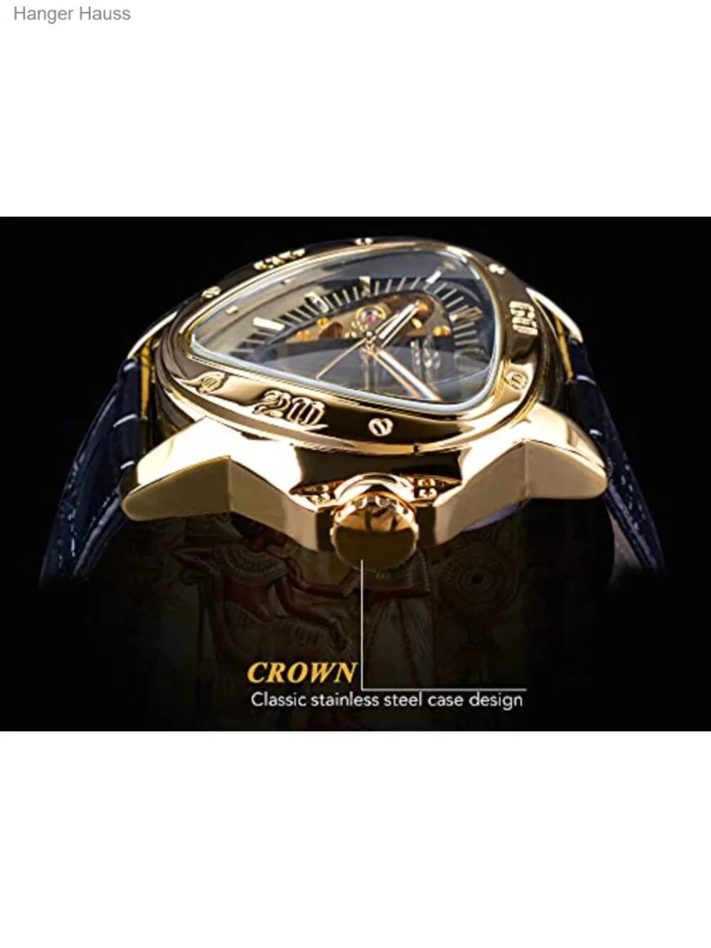 FORSINING Gold Automatic Mechanical Wrist Watch with Triangle Dial & Leather
